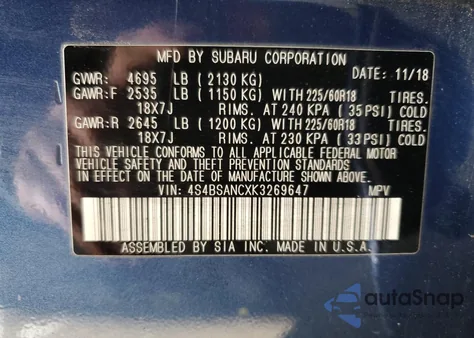 2019 Subaru Outback 2.5I Limited z USA, uszkodzony, nr VIN 4S4BSANCXK3269647